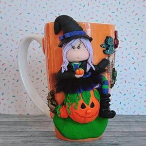 Polymer Clay 3D Purple Hair Witch in Tutu skirt Orange Tall Mug